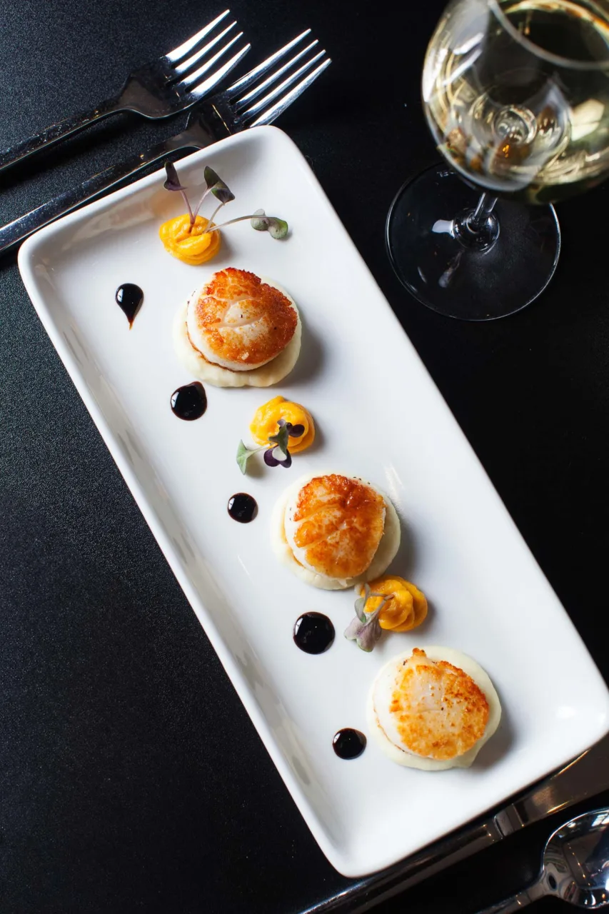 Gourmet scallops with sauce on elegant plate