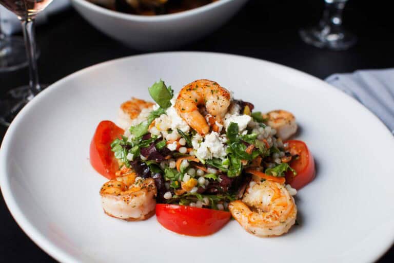 Shrimp salad with vegetables and feta cheese