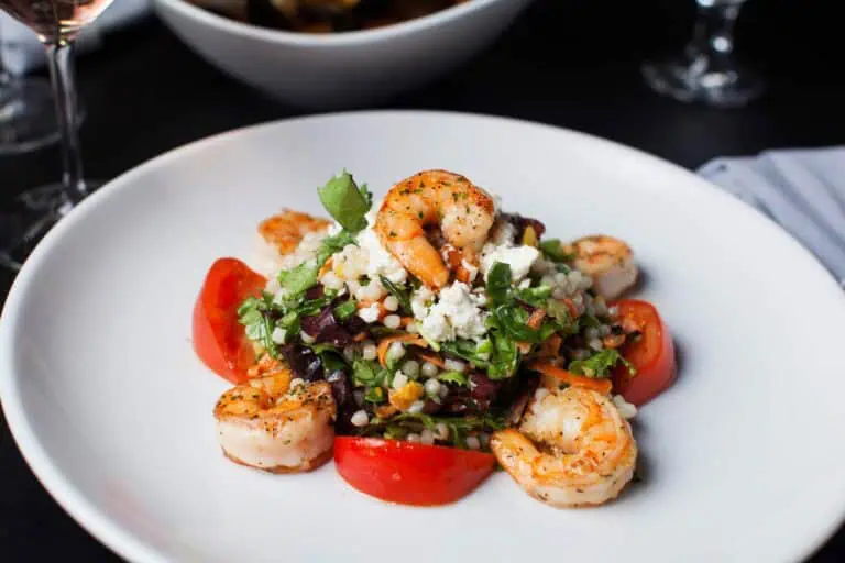 Shrimp salad with vegetables and feta cheese
