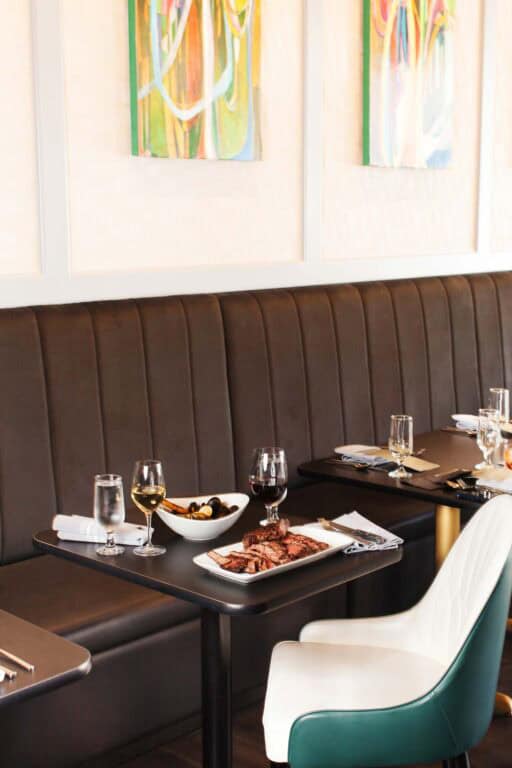 Elegant dining with steak and wine on table